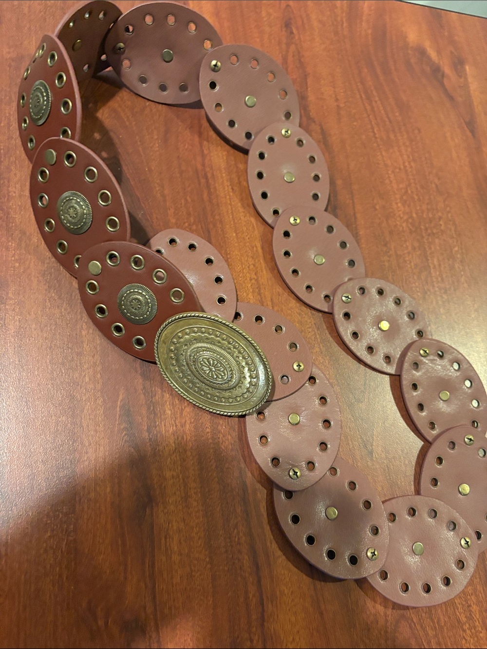 Brown Leather Disc Belt with Decorative Brass Buckle 43 inches
